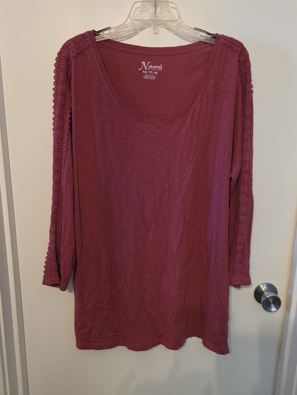 Natural Reflections Dusty Rose Scoop Neck Long Sleeve Top with Lace Trim